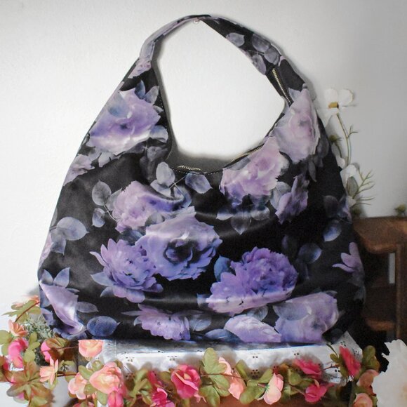 Tabitha Webb Velvet Black Purple Floral Roses Flowers Fairytale Purse Hobo Bag - Picture 2 of 12